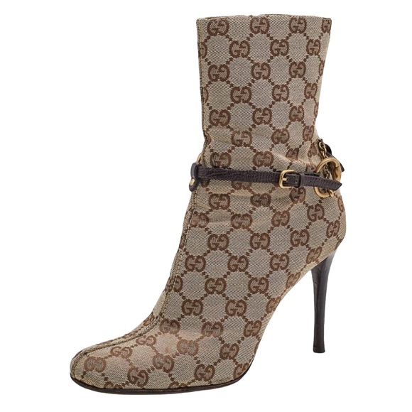 Gucci Beige/Brown GG Canvas And Leather
Horsebit Ankle Boots Size 6 - Picture 1 of 10